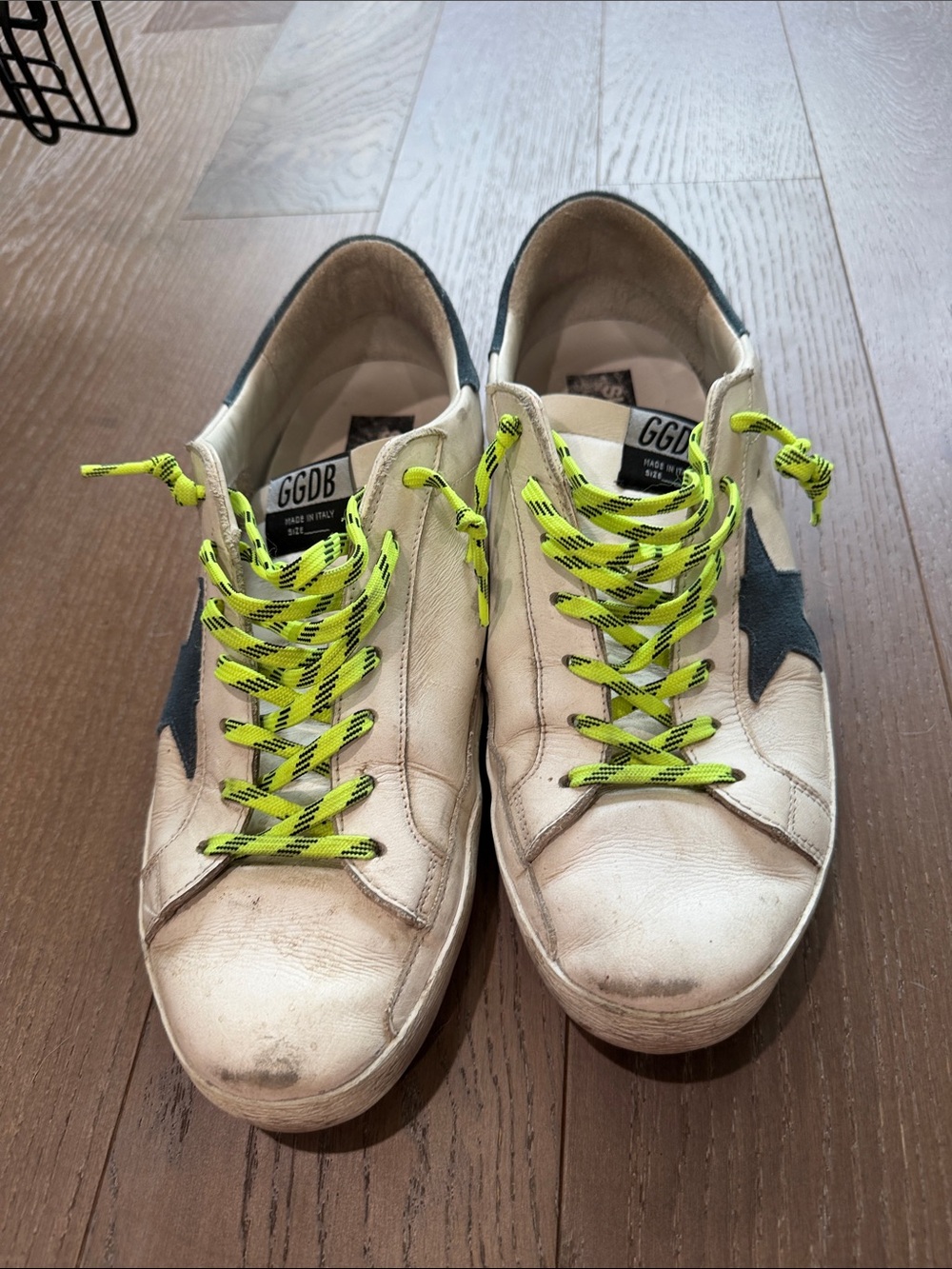 Golden Goose White Sneakers with Neon Yellow Laces and Black Star